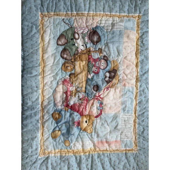 Bear Family Holding Raggedy Ann Wagon Blue Lace Quilt Baby Nursery Blanket - Picture 2 of 6